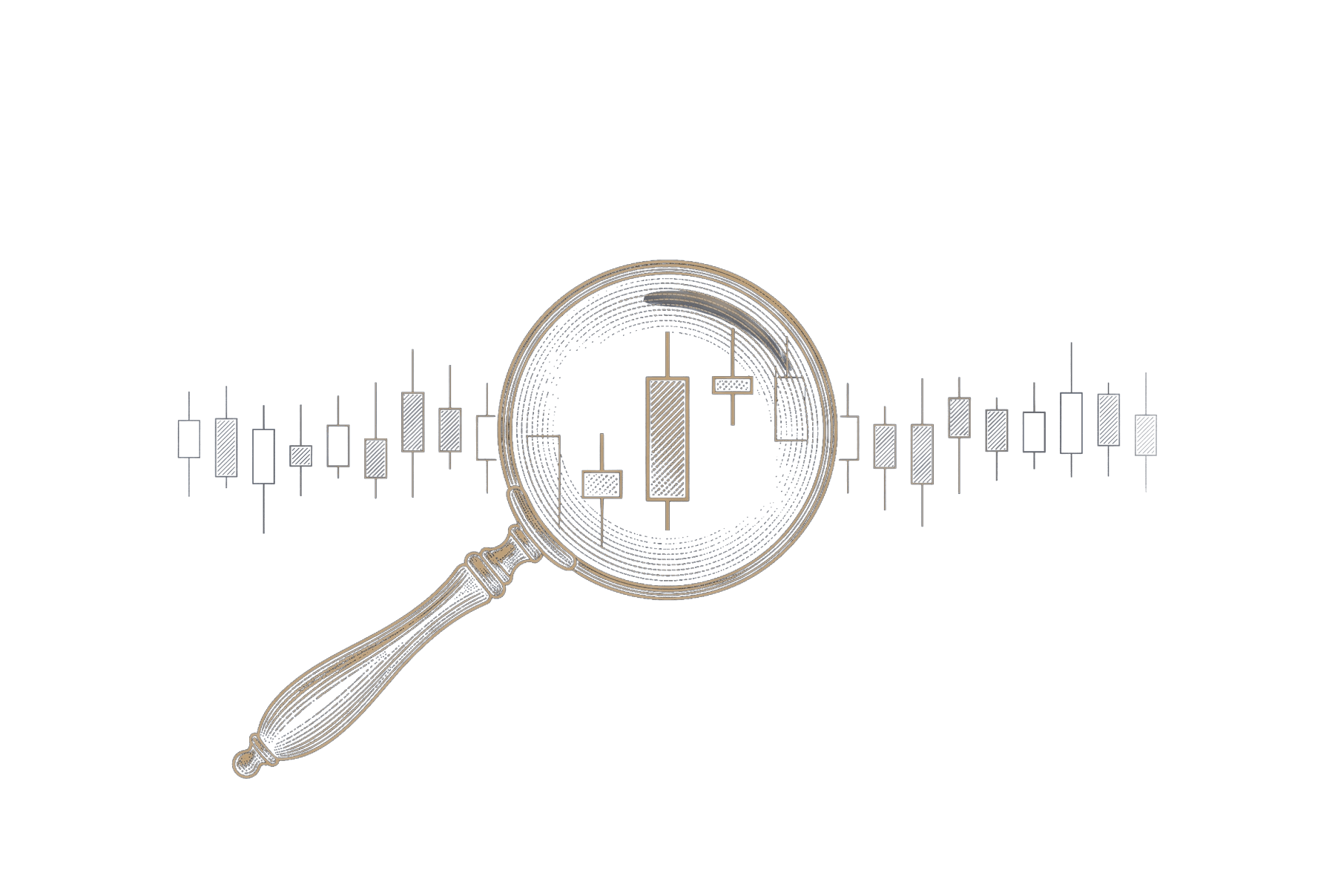 Gold engraving of a magnifying glass examining a row of market candlesticks on navy