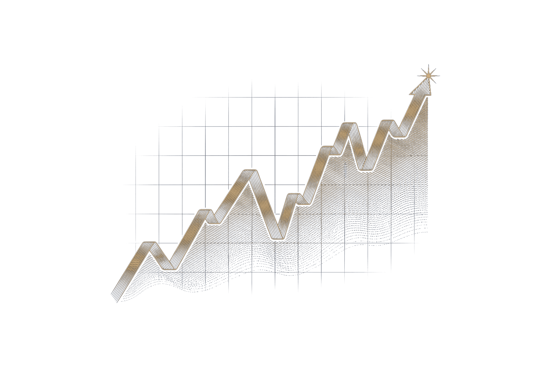 Gold engraving of a steeply rising chart line crowned with a star on navy